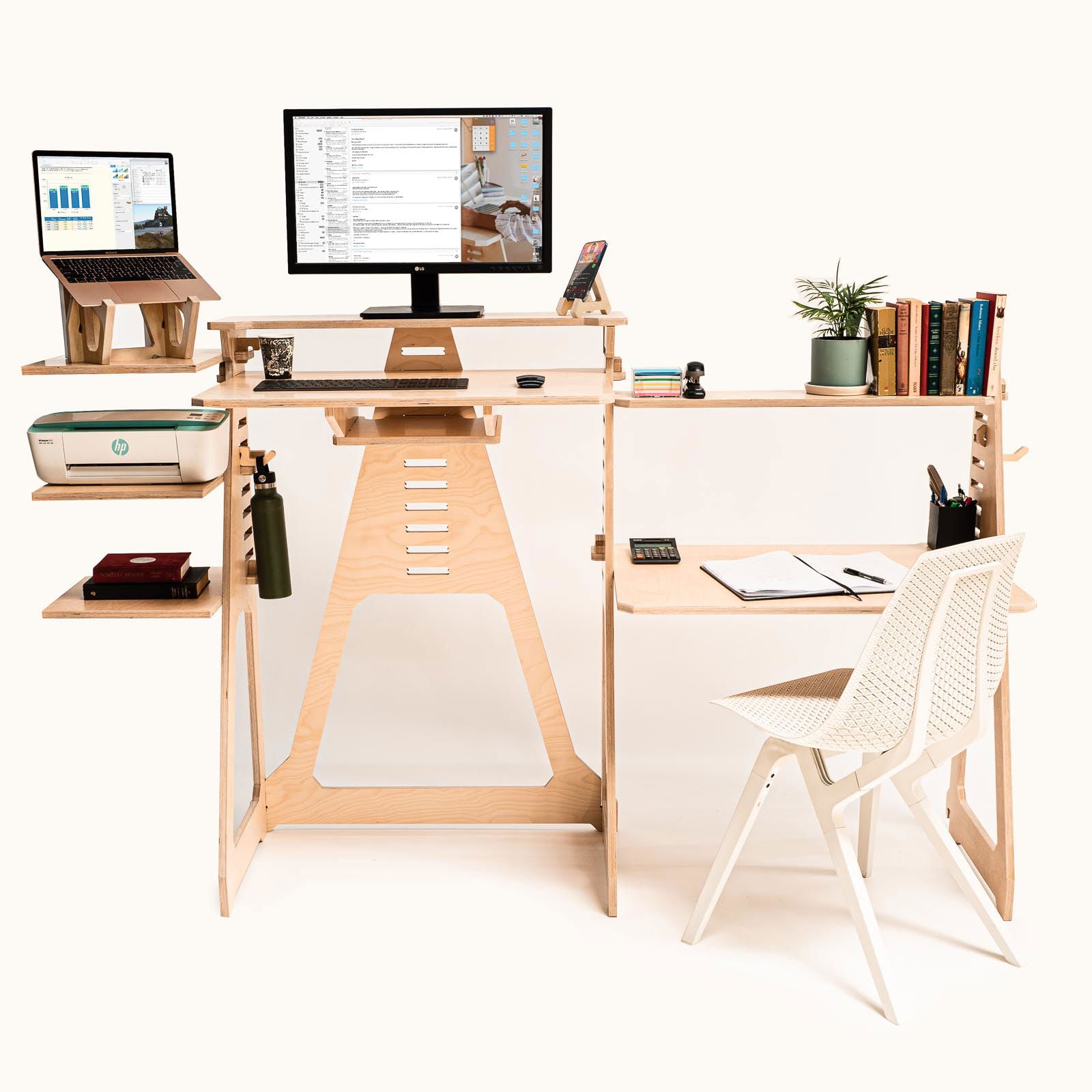 Sit, Stand Desk with wing shelves & noho move chair - - Work From Home Desks