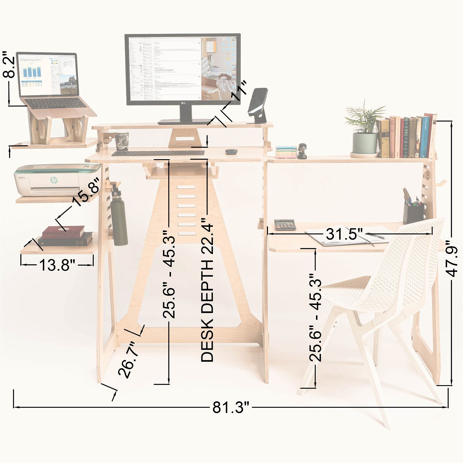 Sit, Stand Desk with wing shelves & noho move chair - - Work From Home Desks
