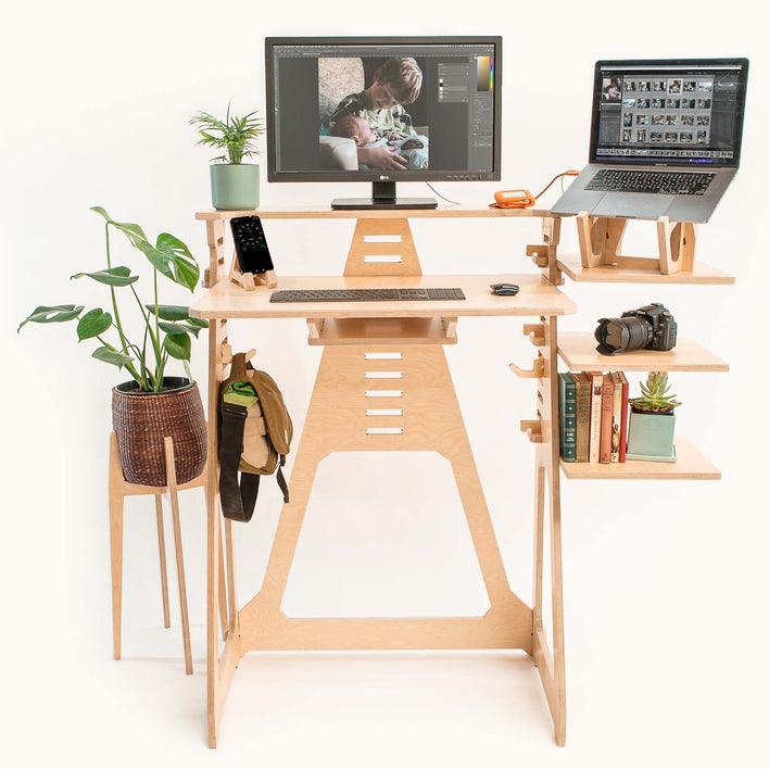 Creators stand up desk-supports laptop and screen with shelves included