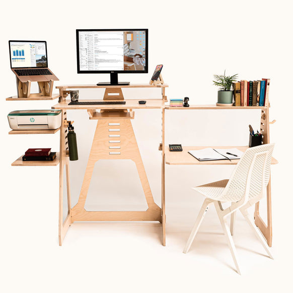 Sit, Stand Desk with wing shelves & noho move chair -  - Work From Home Desks                                    