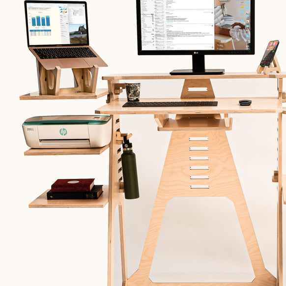 Sit, Stand Desk with wing shelves & noho move chair -  - Work From Home Desks                                    