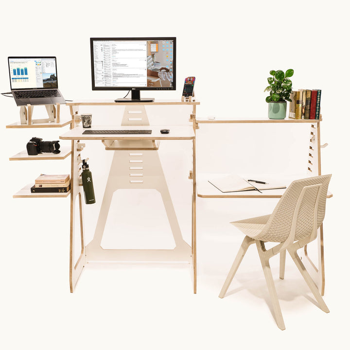 Sit, Stand Desk with wing shelves & noho move chair